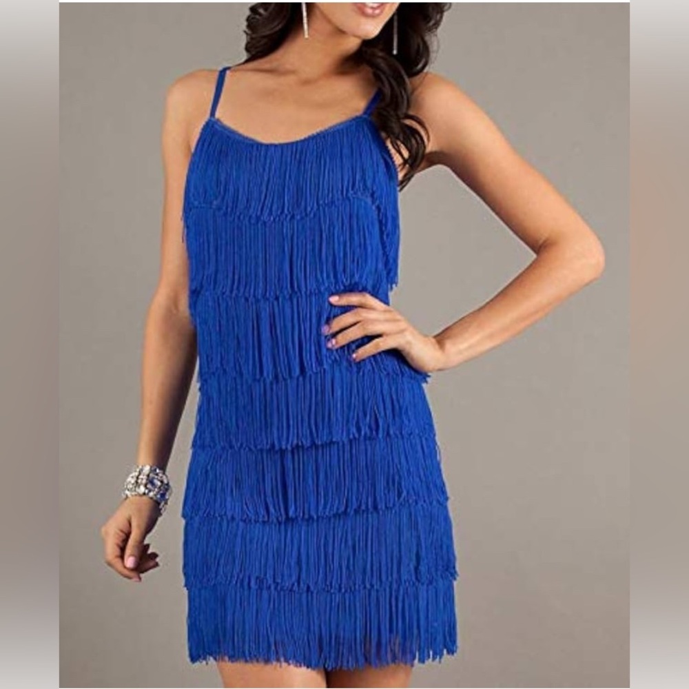 Blue Fringe Mini Dress - Spaghetti Strap Cocktail Dress
